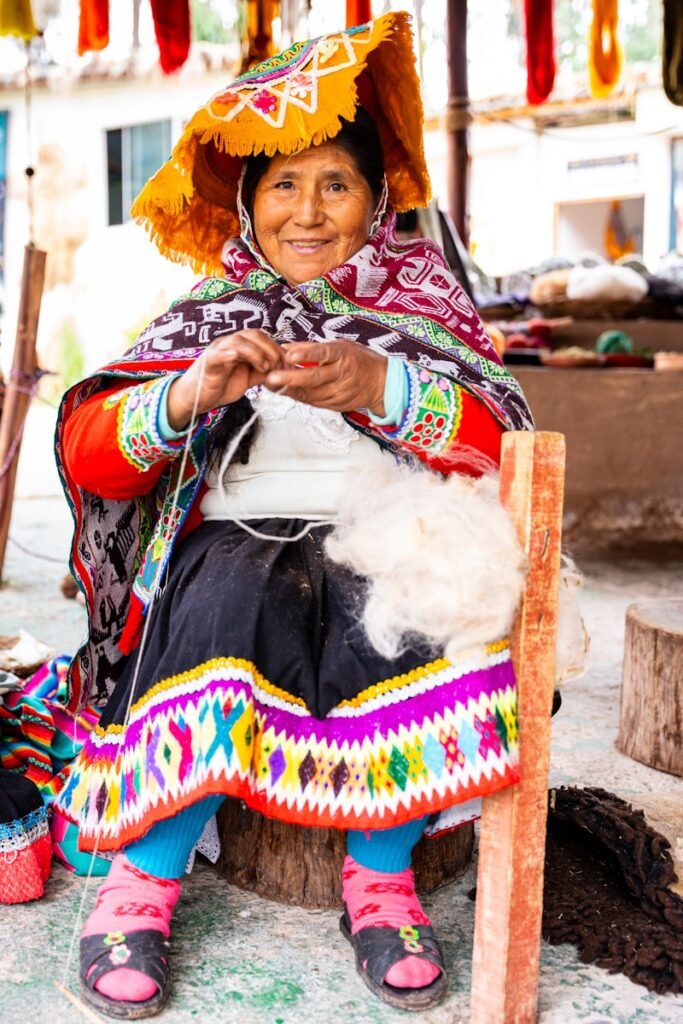 A woman sitting on a bench in front of a store