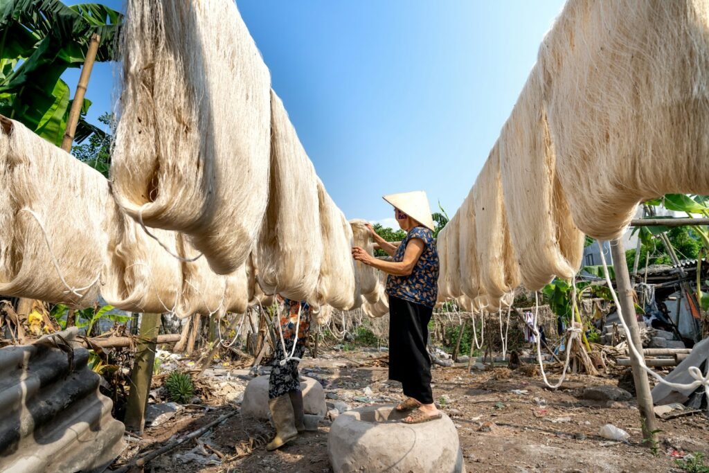 a man standing on a rock in a banana field